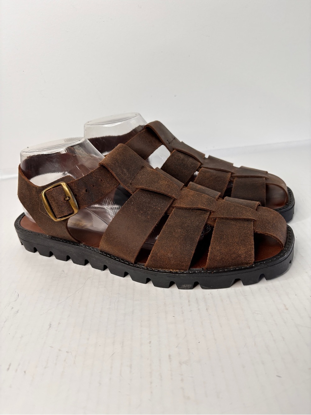 Northwest Territory Brown Leather Fisherman Sandals Mens Sz 10 Woven Rugged Sole - Picture 15 of 16